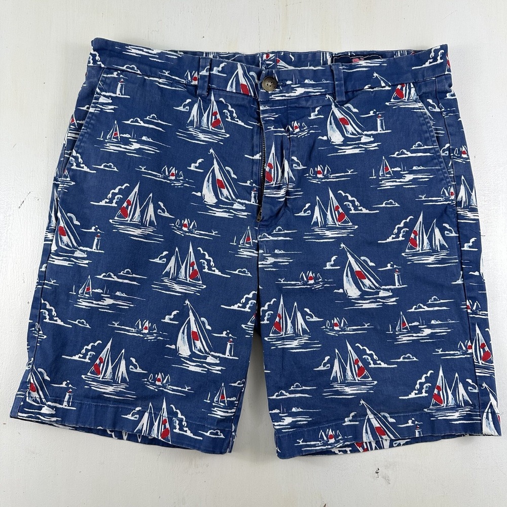 Vineyard Vines Breaker Shorts Men 35 x 9 Blue Chino All Over Print Sailboats AOP